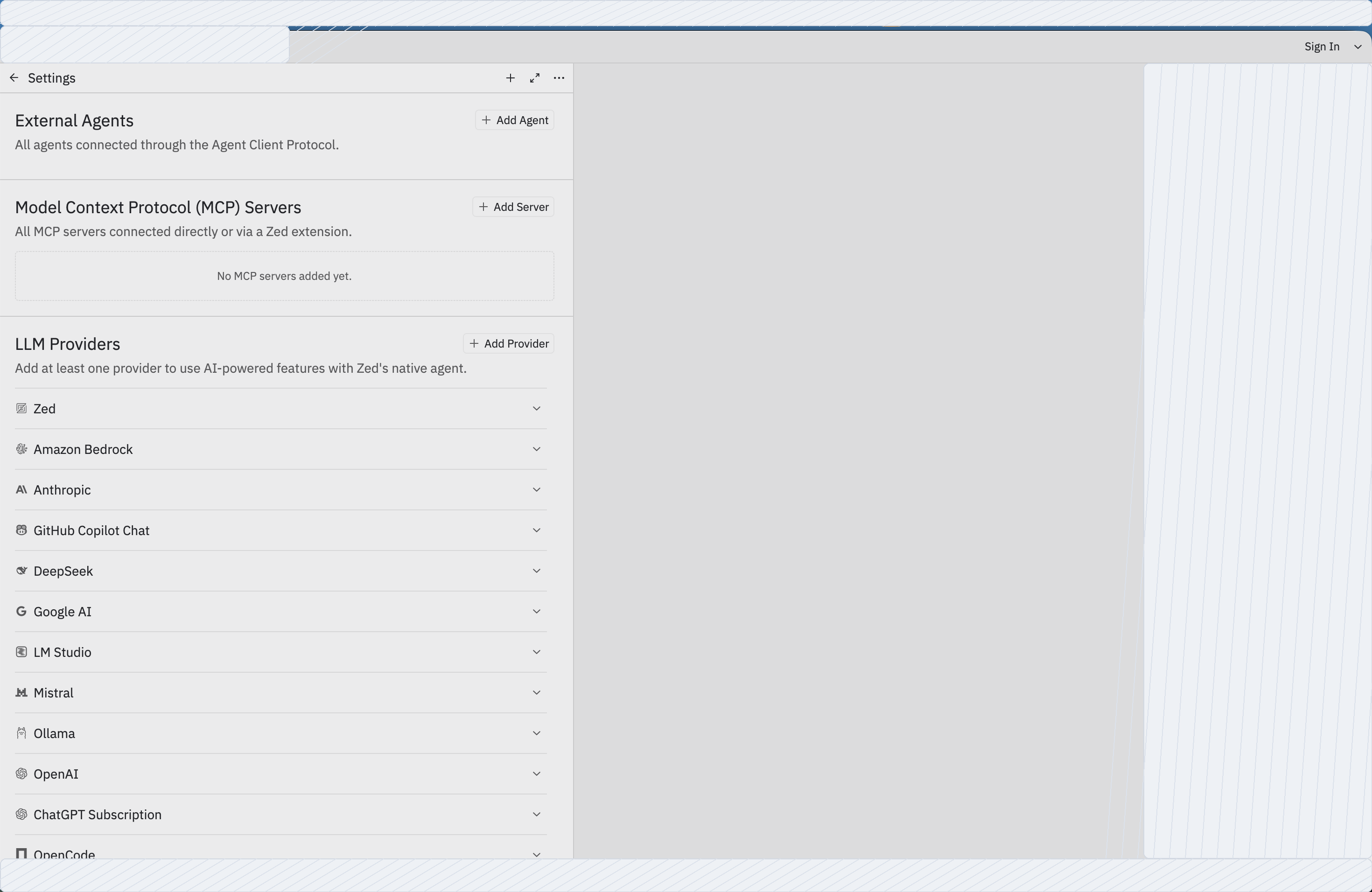 Zed Agent Settings 中的 LLM Providers 区域